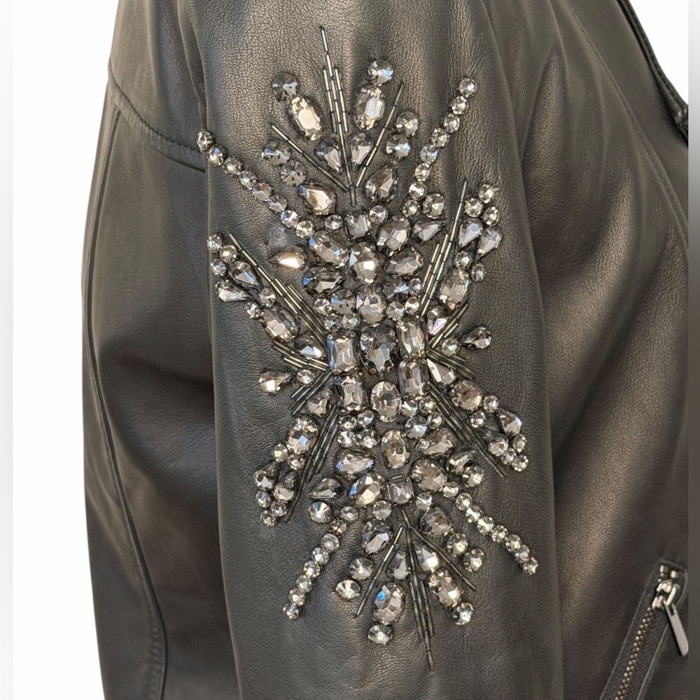 RARE Neiman Marcus Black Leather Jacket Crystal Silver Embellishments Moto - Picture 4 of 11
